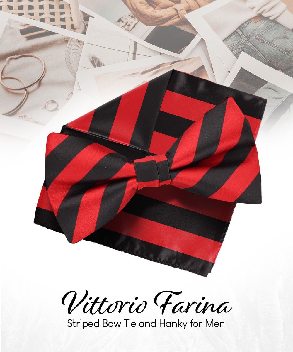Vittorio Farina Men's Striped Satin Bow Tie & Pocket Square in Gift Box - Red and Black - Bow Tie & Pocket Square - Vittorio Farina
