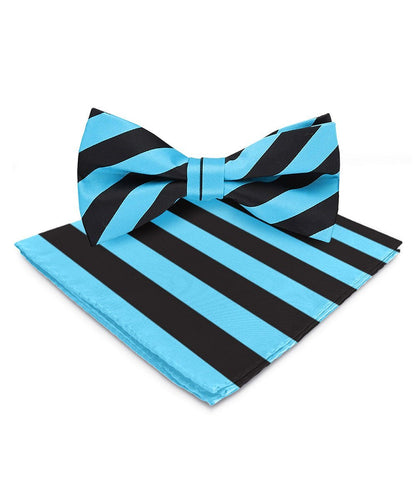 Vittorio Farina Men's Striped Satin Bow Tie & Pocket Square in Gift Box - Turquoise and Black - Bow Tie & Pocket Square - Vittorio Farina