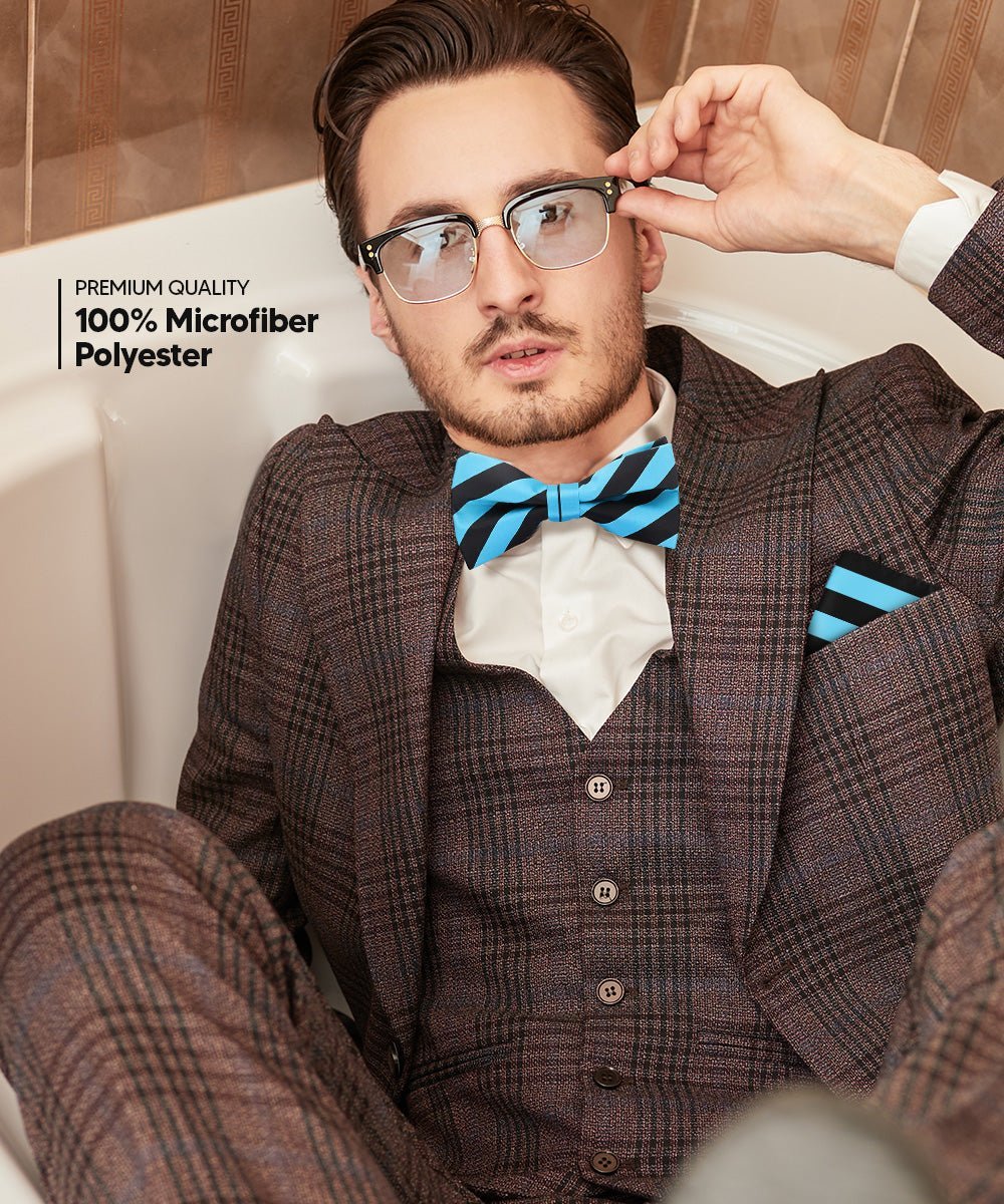 Vittorio Farina Men's Striped Satin Bow Tie & Pocket Square in Gift Box - Turquoise and Black - Bow Tie & Pocket Square - Vittorio Farina