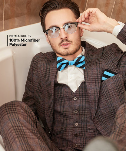 Vittorio Farina Men's Striped Satin Bow Tie & Pocket Square in Gift Box - Turquoise and Black - Bow Tie & Pocket Square - Vittorio Farina