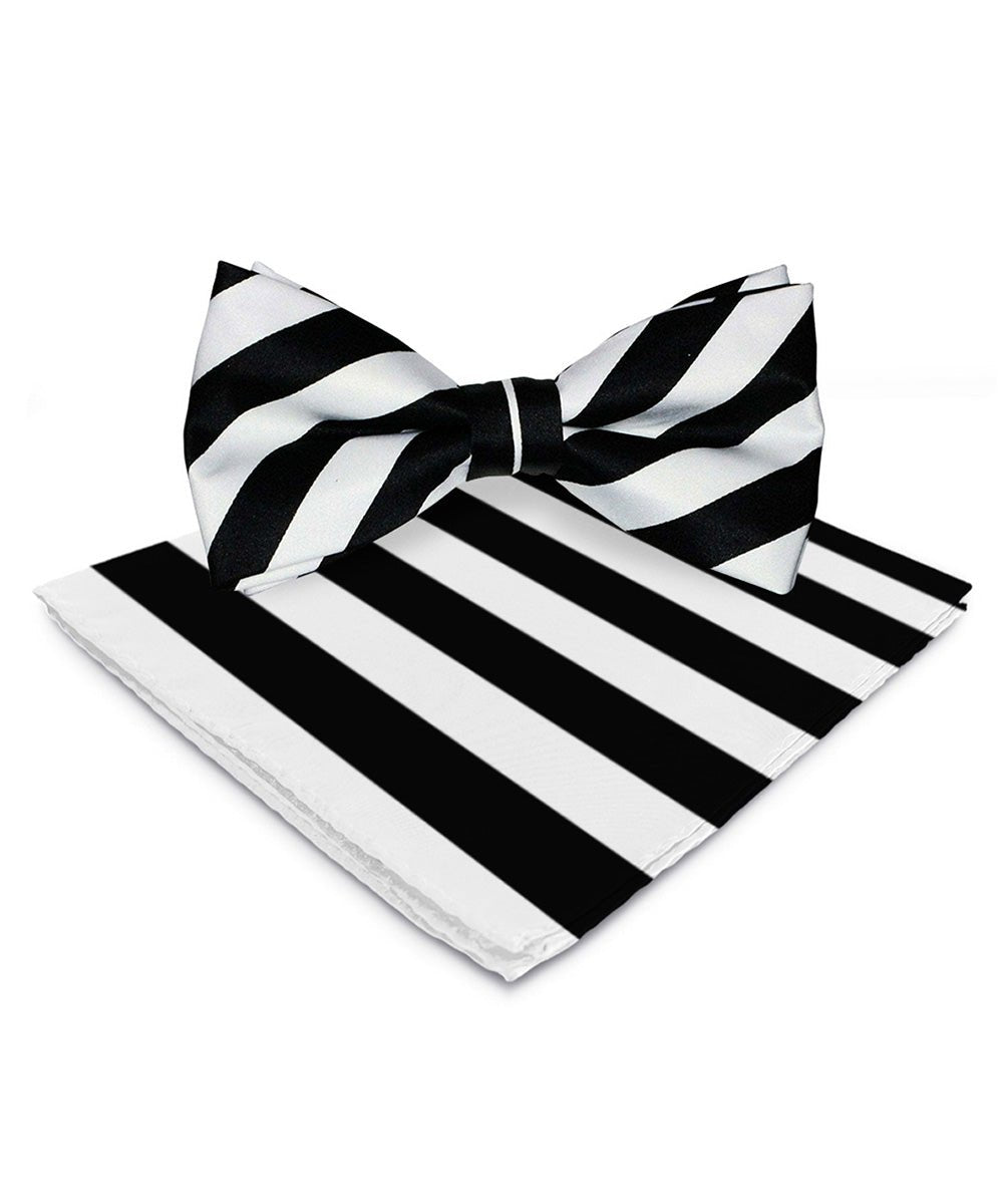 Vittorio Farina Men's Striped Satin Bow Tie & Pocket Square in Gift Box - White and Black - Bow Tie & Pocket Square - Vittorio Farina