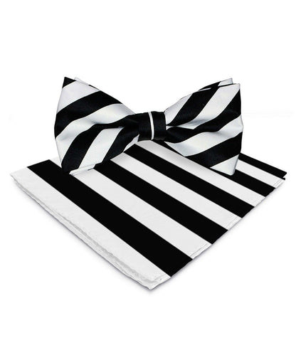Vittorio Farina Men's Striped Satin Bow Tie & Pocket Square in Gift Box - White and Black - Bow Tie & Pocket Square - Vittorio Farina