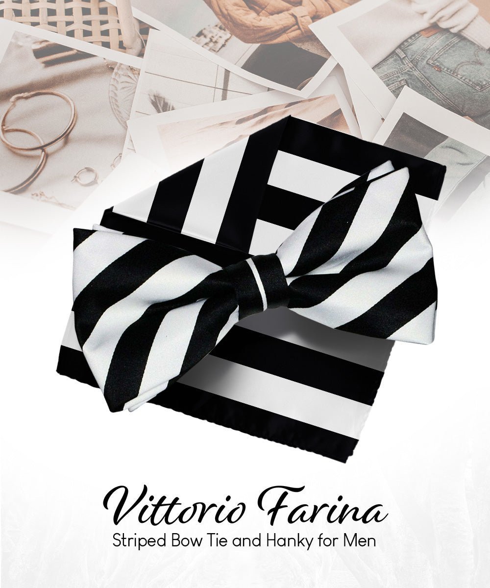 Vittorio Farina Men's Striped Satin Bow Tie & Pocket Square in Gift Box - White and Black - Bow Tie & Pocket Square - Vittorio Farina
