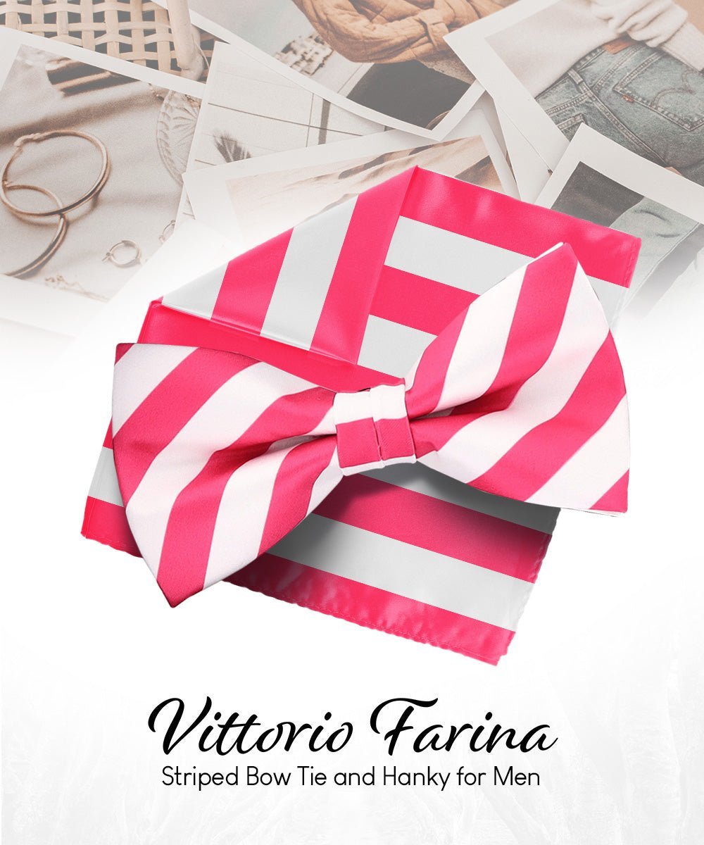 Vittorio Farina Men's Striped Satin Bow Tie & Pocket Square in Gift Box - White and Black - Bow Tie & Pocket Square - Vittorio Farina