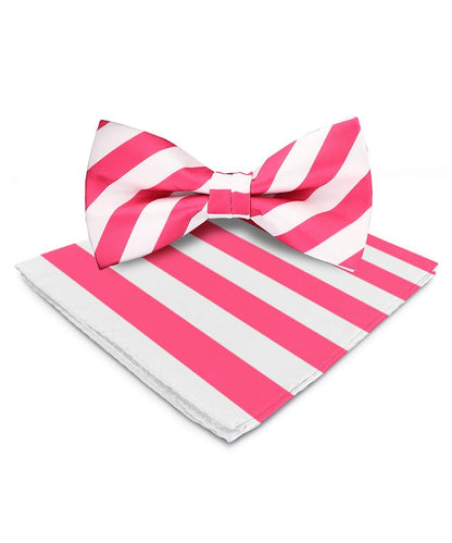 Vittorio Farina Men's Striped Satin Bow Tie & Pocket Square in Gift Box - White and Hot Pink - Bow Tie & Pocket Square - Vittorio Farina