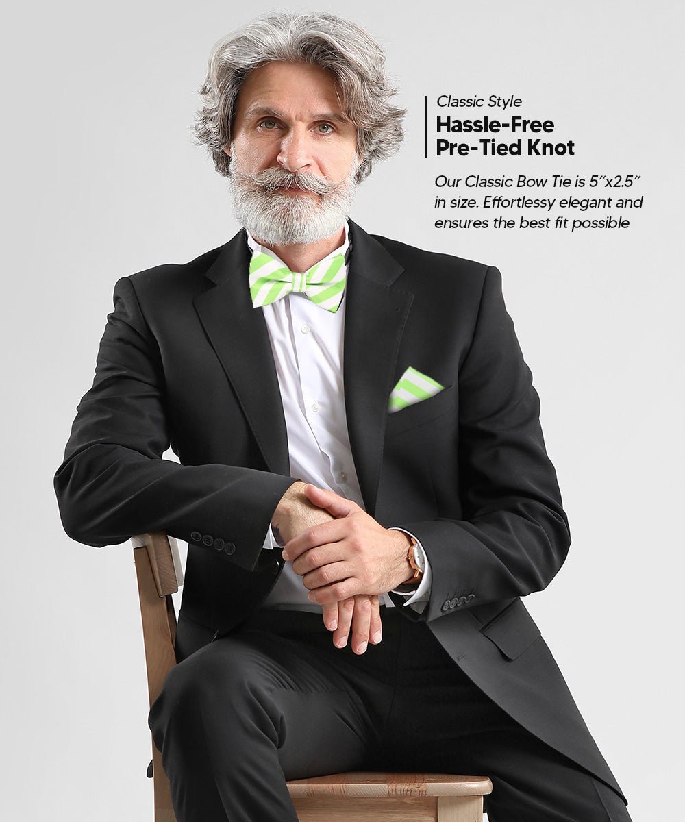 Vittorio Farina Men's Striped Satin Bow Tie & Pocket Square in Gift Box - White and Lime Green - Bow Tie & Pocket Square - Vittorio Farina