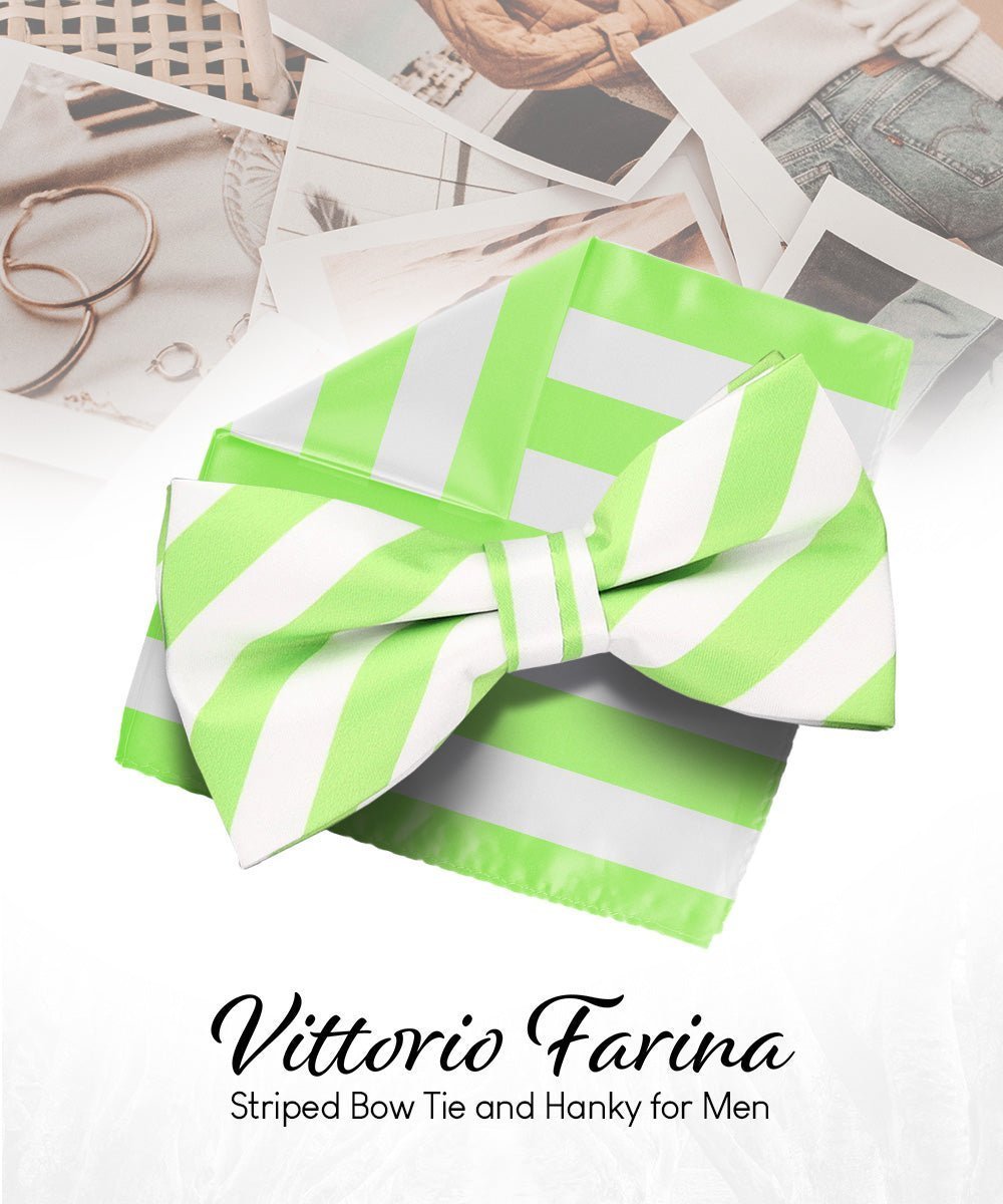 Vittorio Farina Men's Striped Satin Bow Tie & Pocket Square in Gift Box - White and Lime Green - Bow Tie & Pocket Square - Vittorio Farina