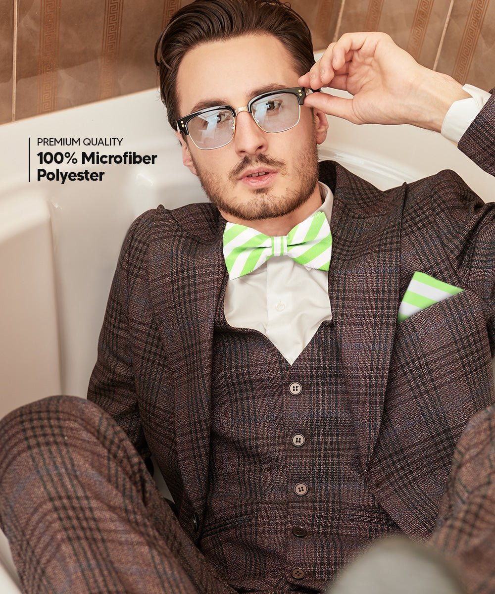 Vittorio Farina Men's Striped Satin Bow Tie & Pocket Square in Gift Box - White and Lime Green - Bow Tie & Pocket Square - Vittorio Farina