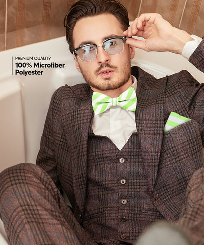 Vittorio Farina Men's Striped Satin Bow Tie & Pocket Square in Gift Box - White and Lime Green - Bow Tie & Pocket Square - Vittorio Farina