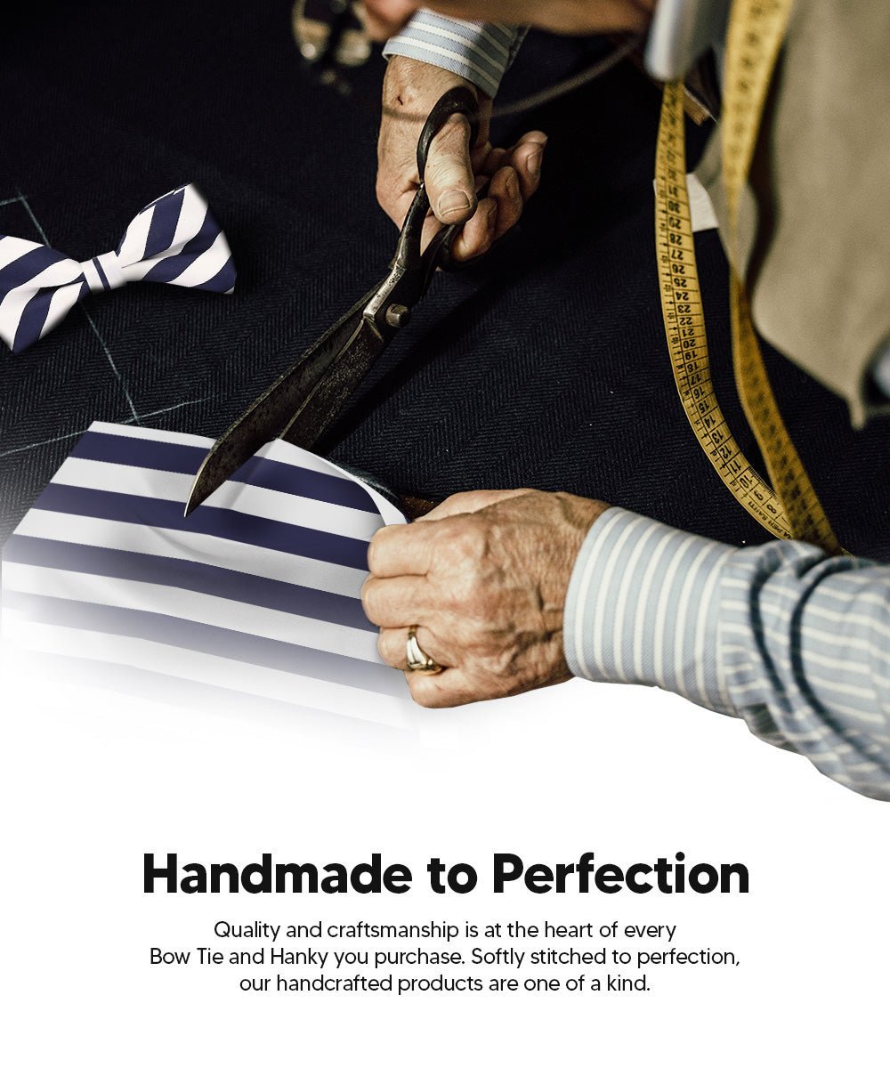 Vittorio Farina Men's Striped Satin Bow Tie & Pocket Square in Gift Box - White and Navy Blue - Bow Tie & Pocket Square - Vittorio Farina