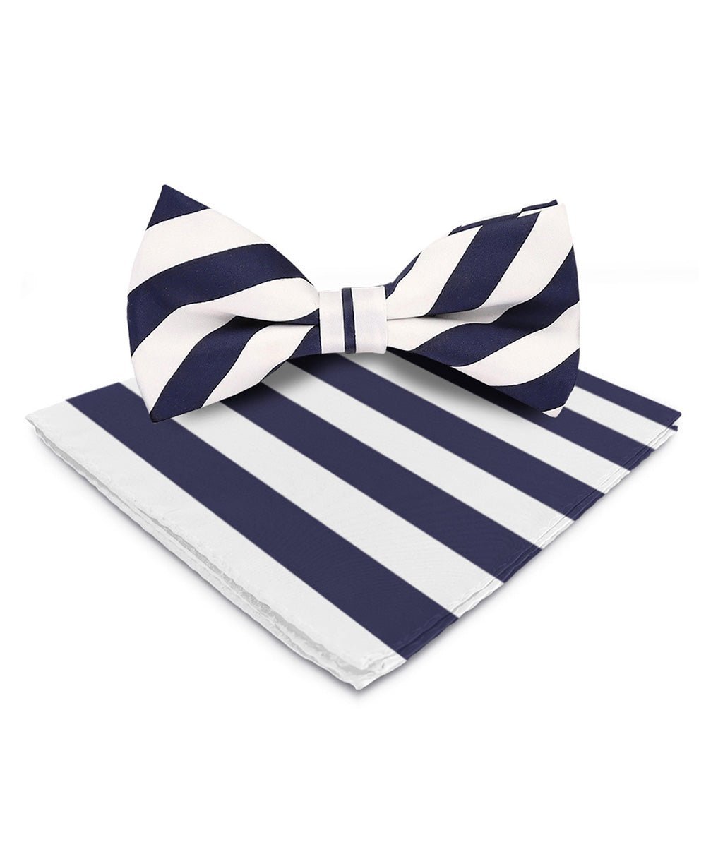 Vittorio Farina Men's Striped Satin Bow Tie & Pocket Square in Gift Box - White and Navy Blue - Bow Tie & Pocket Square - Vittorio Farina