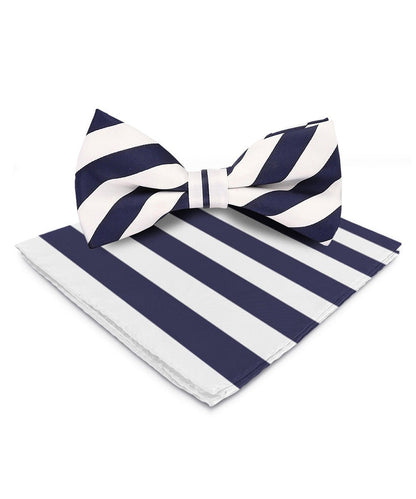 Vittorio Farina Men's Striped Satin Bow Tie & Pocket Square in Gift Box - White and Navy Blue - Bow Tie & Pocket Square - Vittorio Farina