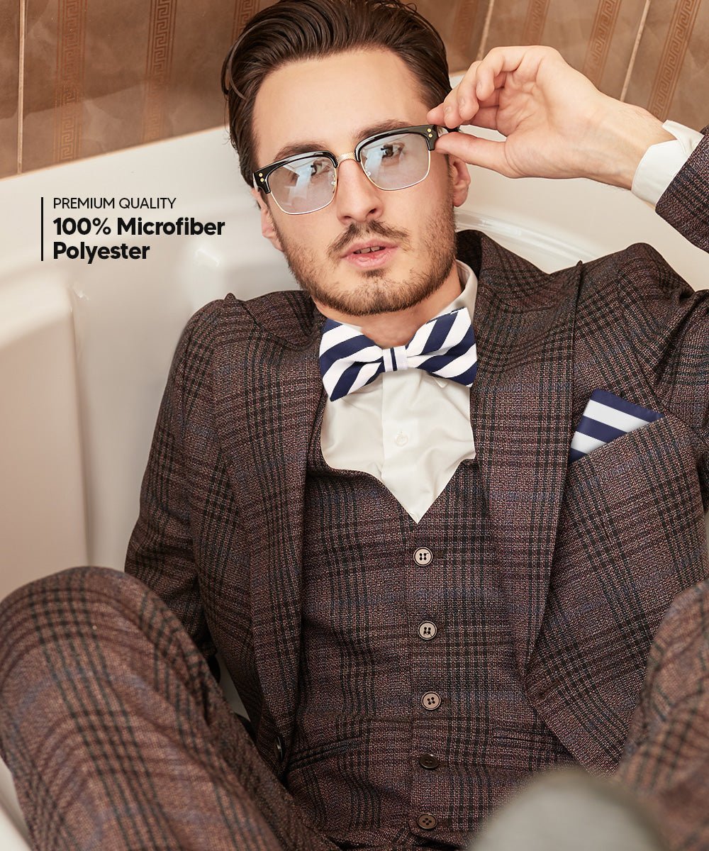 Vittorio Farina Men's Striped Satin Bow Tie & Pocket Square in Gift Box - White and Navy Blue - Bow Tie & Pocket Square - Vittorio Farina