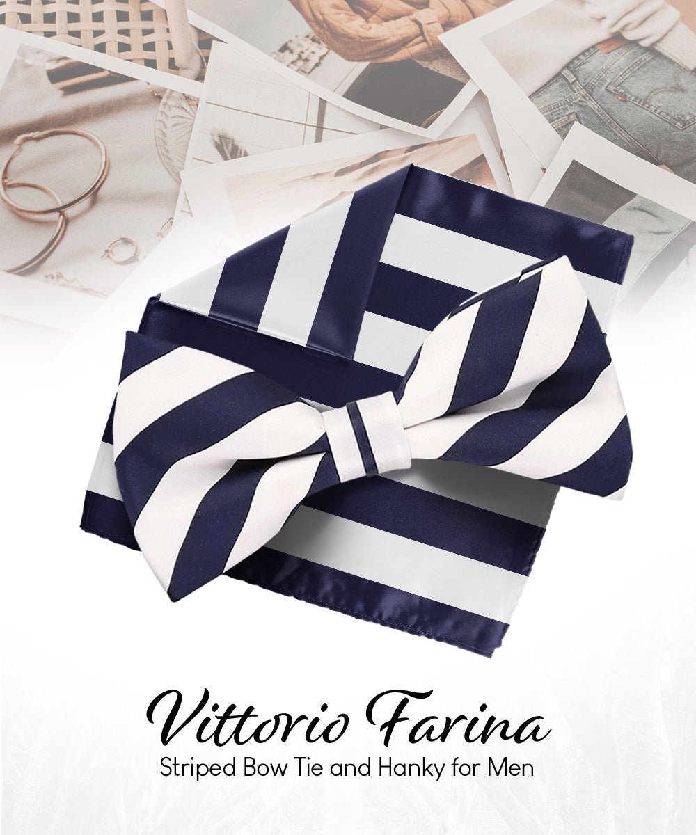 Vittorio Farina Men's Striped Satin Bow Tie & Pocket Square in Gift Box - White and Navy Blue - Bow Tie & Pocket Square - Vittorio Farina