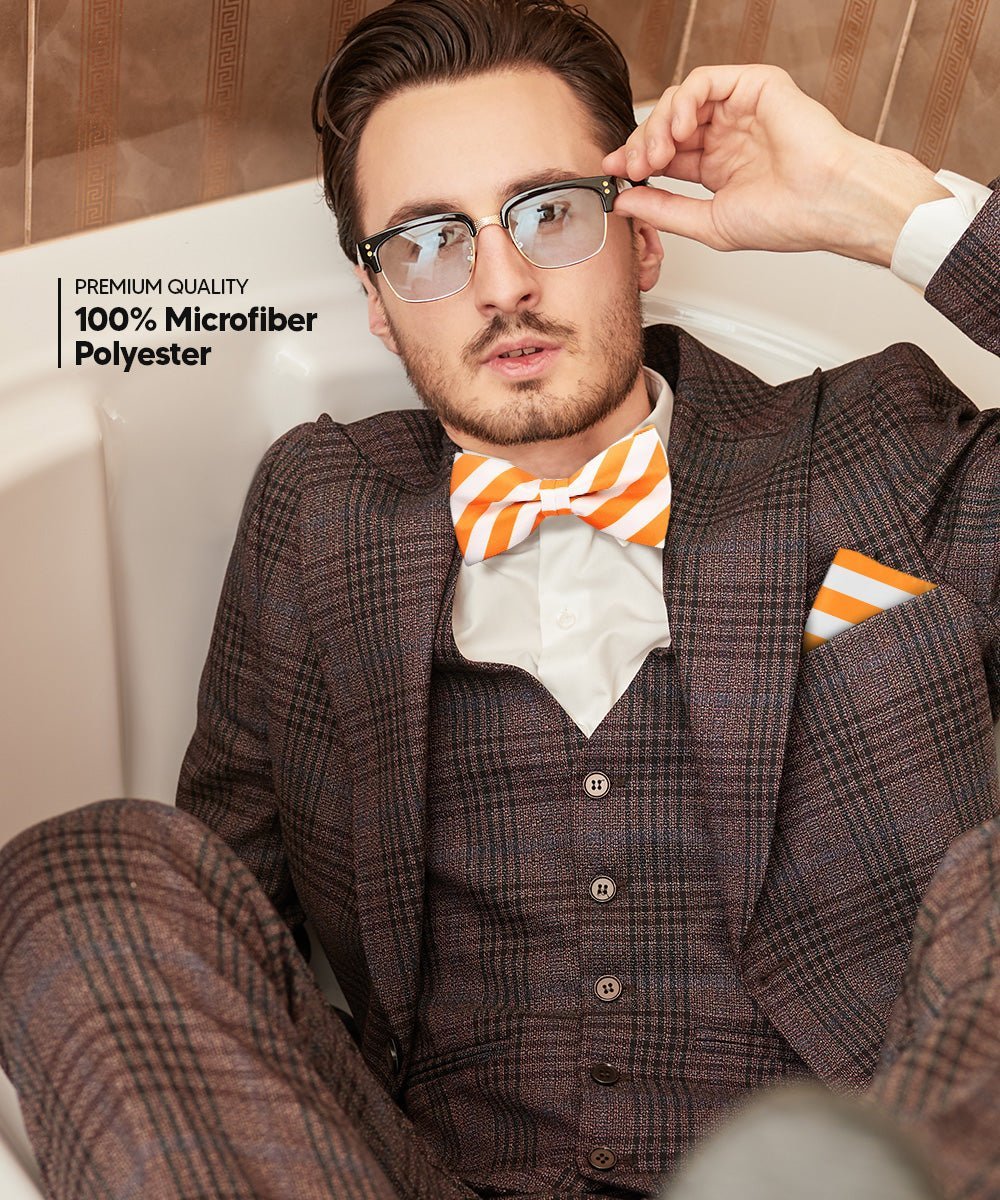 Vittorio Farina Men's Striped Satin Bow Tie & Pocket Square in Gift Box - White and Orange - Bow Tie & Pocket Square - Vittorio Farina