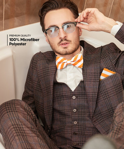 Vittorio Farina Men's Striped Satin Bow Tie & Pocket Square in Gift Box - White and Orange - Bow Tie & Pocket Square - Vittorio Farina