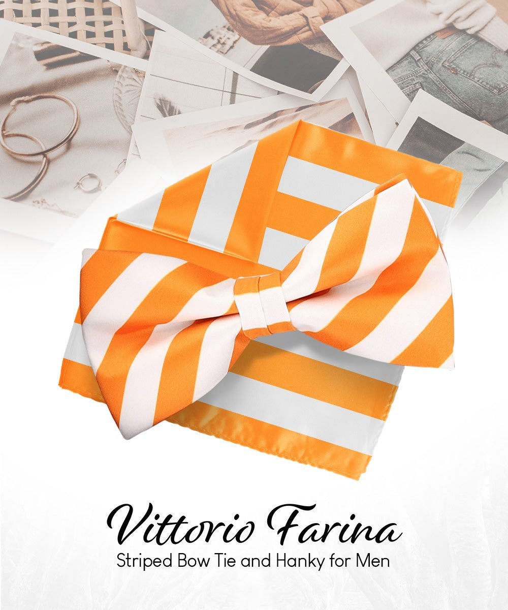 Vittorio Farina Men's Striped Satin Bow Tie & Pocket Square in Gift Box - White and Orange - Bow Tie & Pocket Square - Vittorio Farina