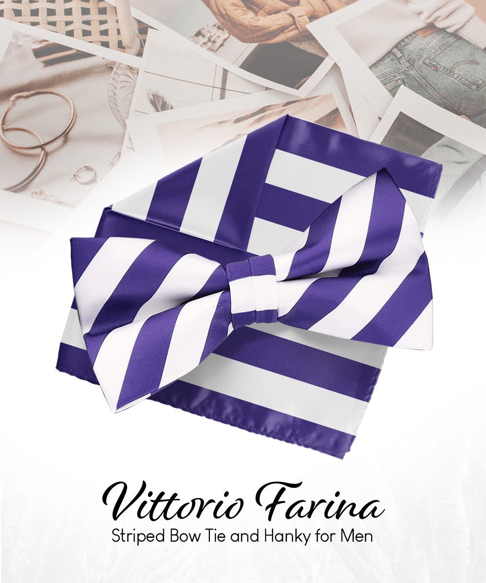 Vittorio Farina Men's Striped Satin Bow Tie & Pocket Square in Gift Box - White and Purple - Bow Tie & Pocket Square - Vittorio Farina