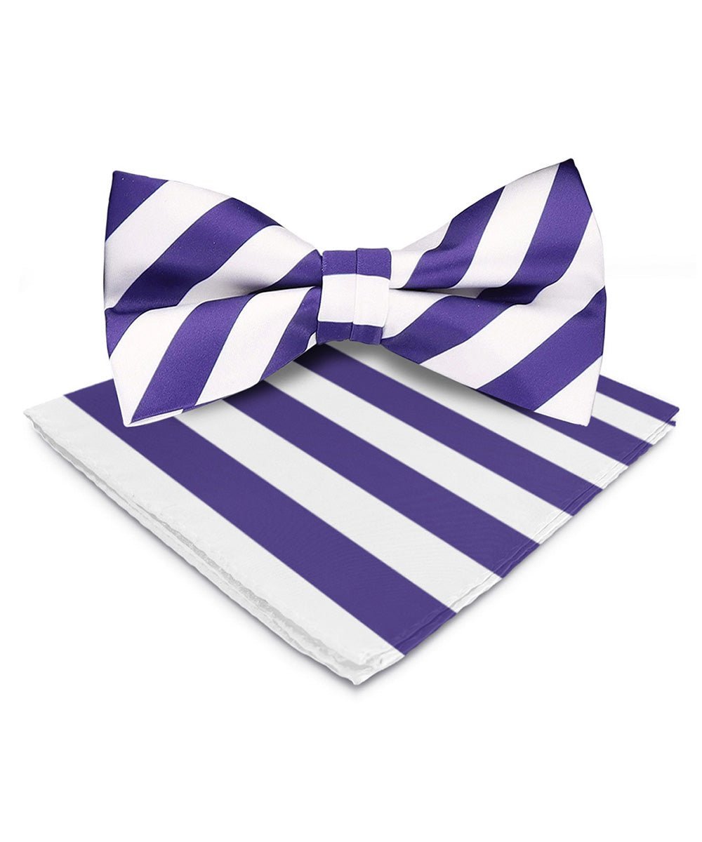Vittorio Farina Men's Striped Satin Bow Tie & Pocket Square in Gift Box - White and Purple - Bow Tie & Pocket Square - Vittorio Farina