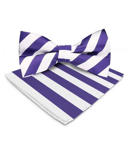 Vittorio Farina Men's Striped Satin Bow Tie & Pocket Square in Gift Box - White and Purple - Bow Tie & Pocket Square - Vittorio Farina