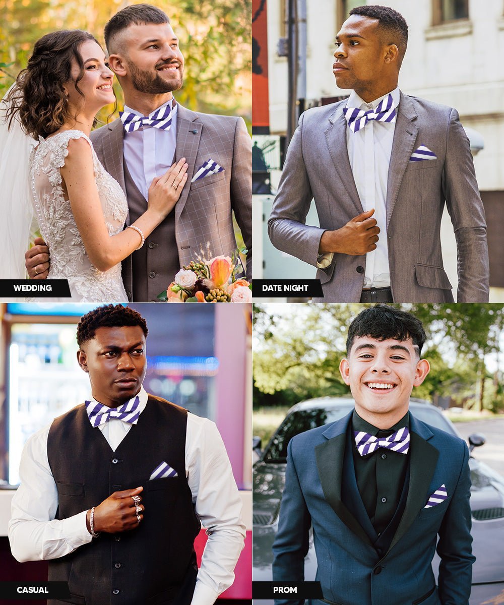 Vittorio Farina Men's Striped Satin Bow Tie & Pocket Square in Gift Box - White and Purple - Bow Tie & Pocket Square - Vittorio Farina