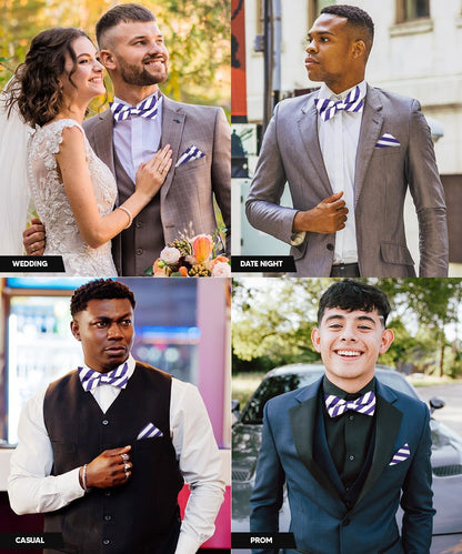 Vittorio Farina Men's Striped Satin Bow Tie & Pocket Square in Gift Box - White and Purple - Bow Tie & Pocket Square - Vittorio Farina