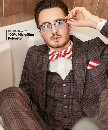 Vittorio Farina Men's Striped Satin Bow Tie & Pocket Square in Gift Box - White and Red - Bow Tie & Pocket Square - Vittorio Farina