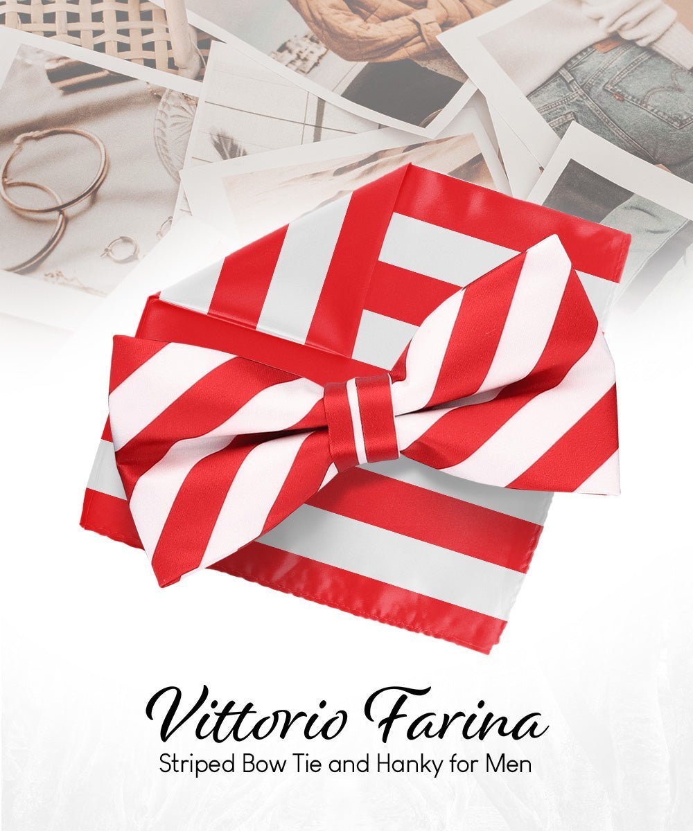 Vittorio Farina Men's Striped Satin Bow Tie & Pocket Square in Gift Box - White and Red - Bow Tie & Pocket Square - Vittorio Farina