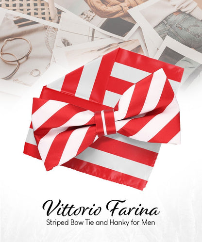Vittorio Farina Men's Striped Satin Bow Tie & Pocket Square in Gift Box - White and Red - Bow Tie & Pocket Square - Vittorio Farina