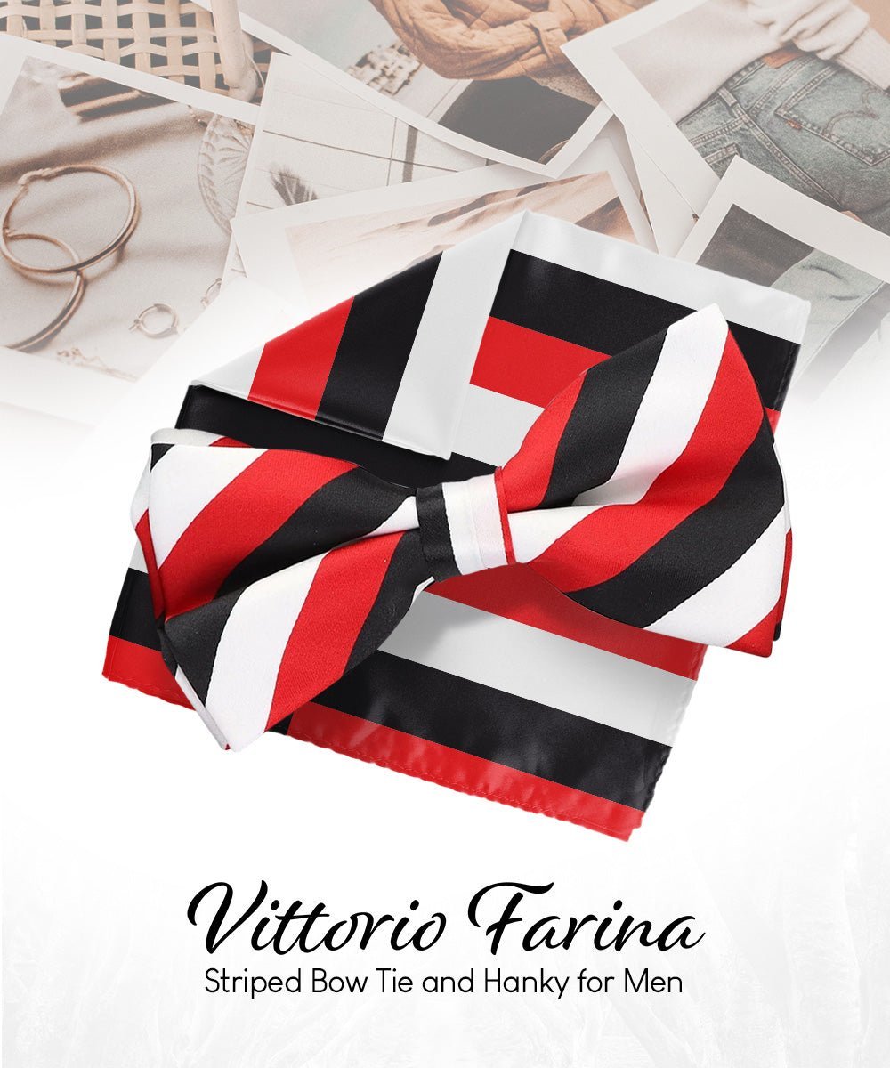 Vittorio Farina Men's Striped Satin Bow Tie & Pocket Square in Gift Box - White Red and Black - Bow Tie & Pocket Square - Vittorio Farina