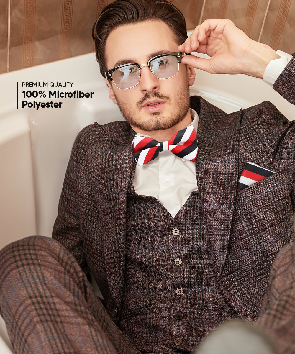 Vittorio Farina Men's Striped Satin Bow Tie & Pocket Square in Gift Box - White Red and Black - Bow Tie & Pocket Square - Vittorio Farina