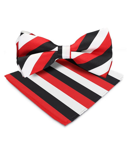Vittorio Farina Men's Striped Satin Bow Tie & Pocket Square in Gift Box - White Red and Black - Bow Tie & Pocket Square - Vittorio Farina