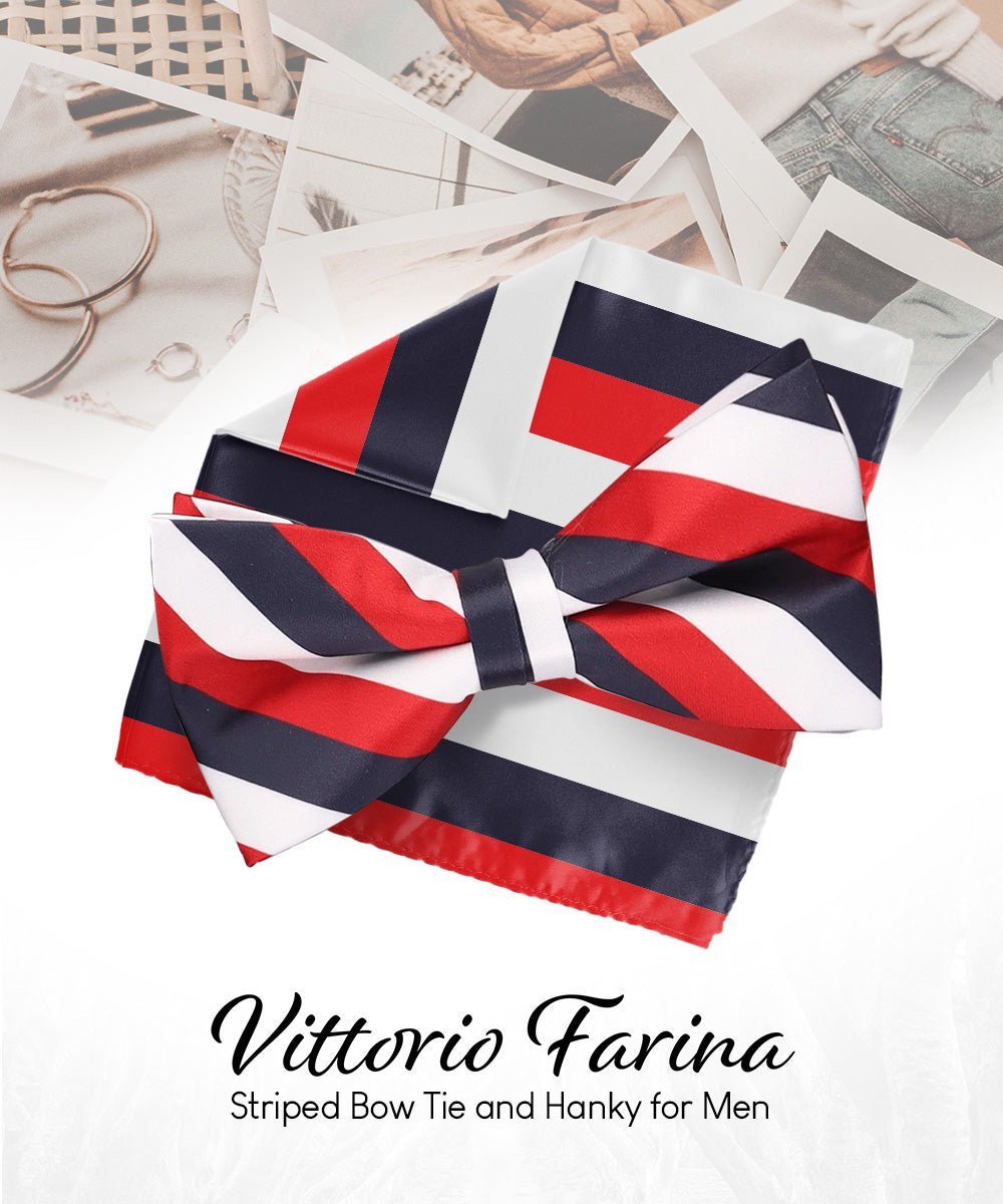 Vittorio Farina Men's Striped Satin Bow Tie & Pocket Square in Gift Box - White, Red and Navy Blue - Bow Tie & Pocket Square - Vittorio Farina