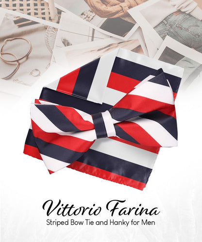 Vittorio Farina Men's Striped Satin Bow Tie & Pocket Square in Gift Box - White, Red and Navy Blue - Bow Tie & Pocket Square - Vittorio Farina