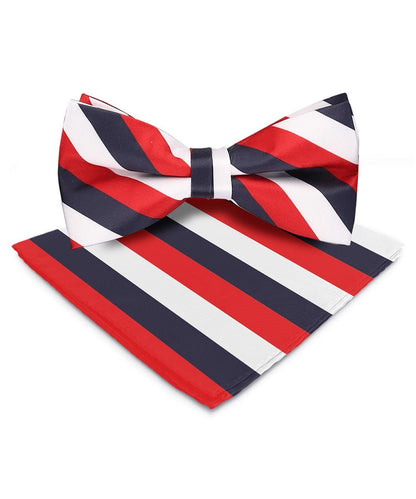 Vittorio Farina Men's Striped Satin Bow Tie & Pocket Square in Gift Box - White, Red and Navy Blue - Bow Tie & Pocket Square - Vittorio Farina