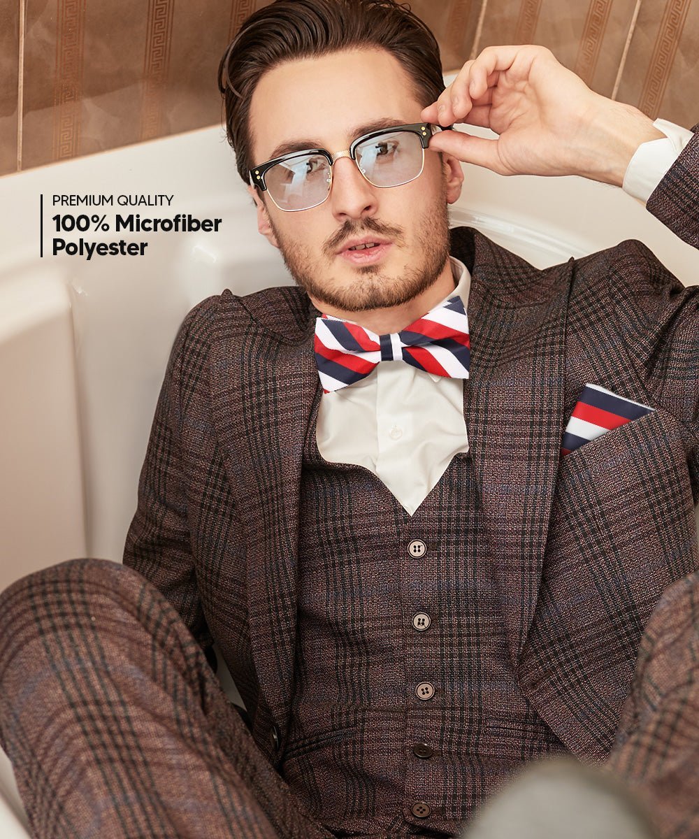 Vittorio Farina Men's Striped Satin Bow Tie & Pocket Square in Gift Box - White, Red and Navy Blue - Bow Tie & Pocket Square - Vittorio Farina