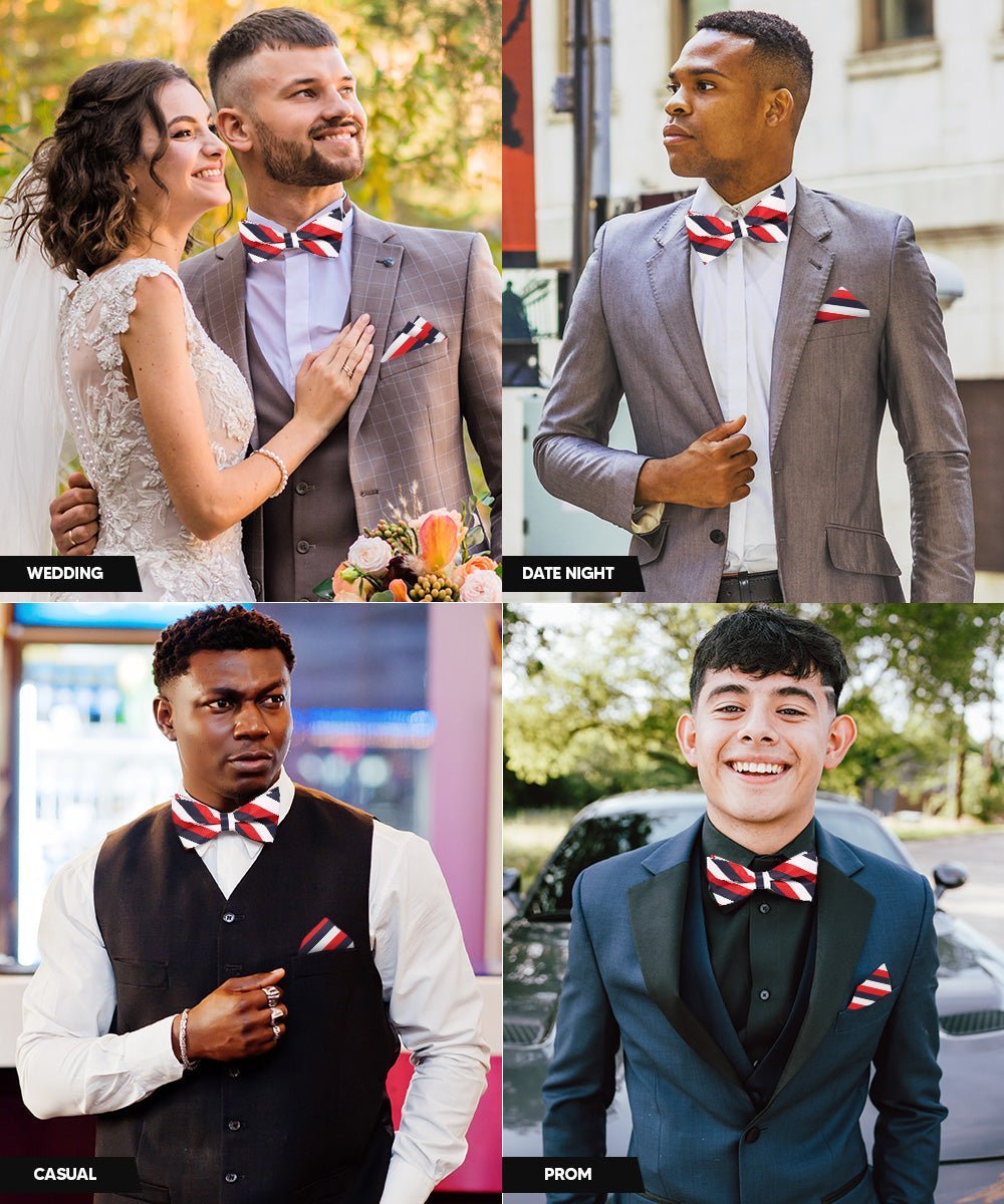 Vittorio Farina Men's Striped Satin Bow Tie & Pocket Square in Gift Box - White, Red and Navy Blue - Bow Tie & Pocket Square - Vittorio Farina