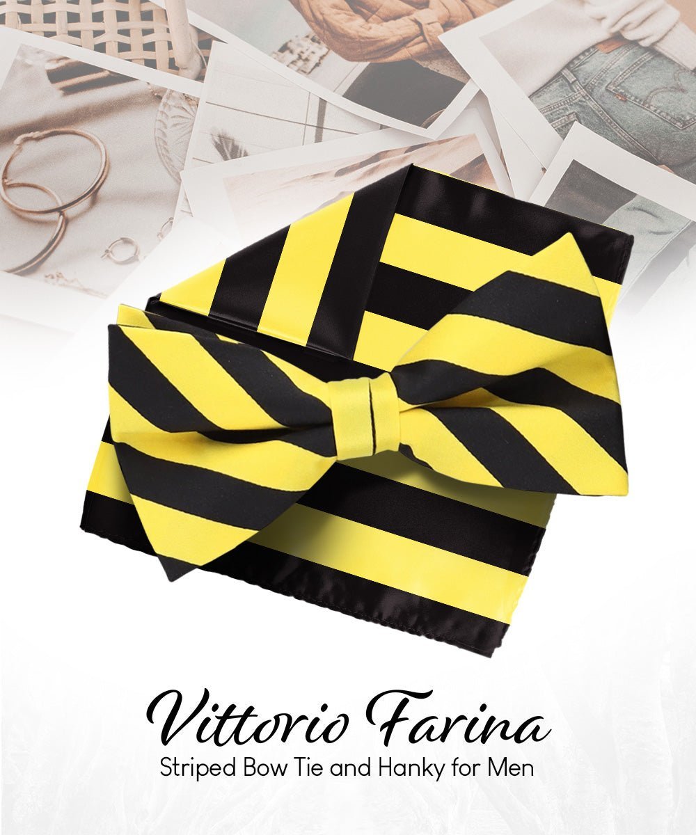 Vittorio Farina Men's Striped Satin Bow Tie & Pocket Square in Gift Box - Yellow and Black - Bow Tie & Pocket Square - Vittorio Farina