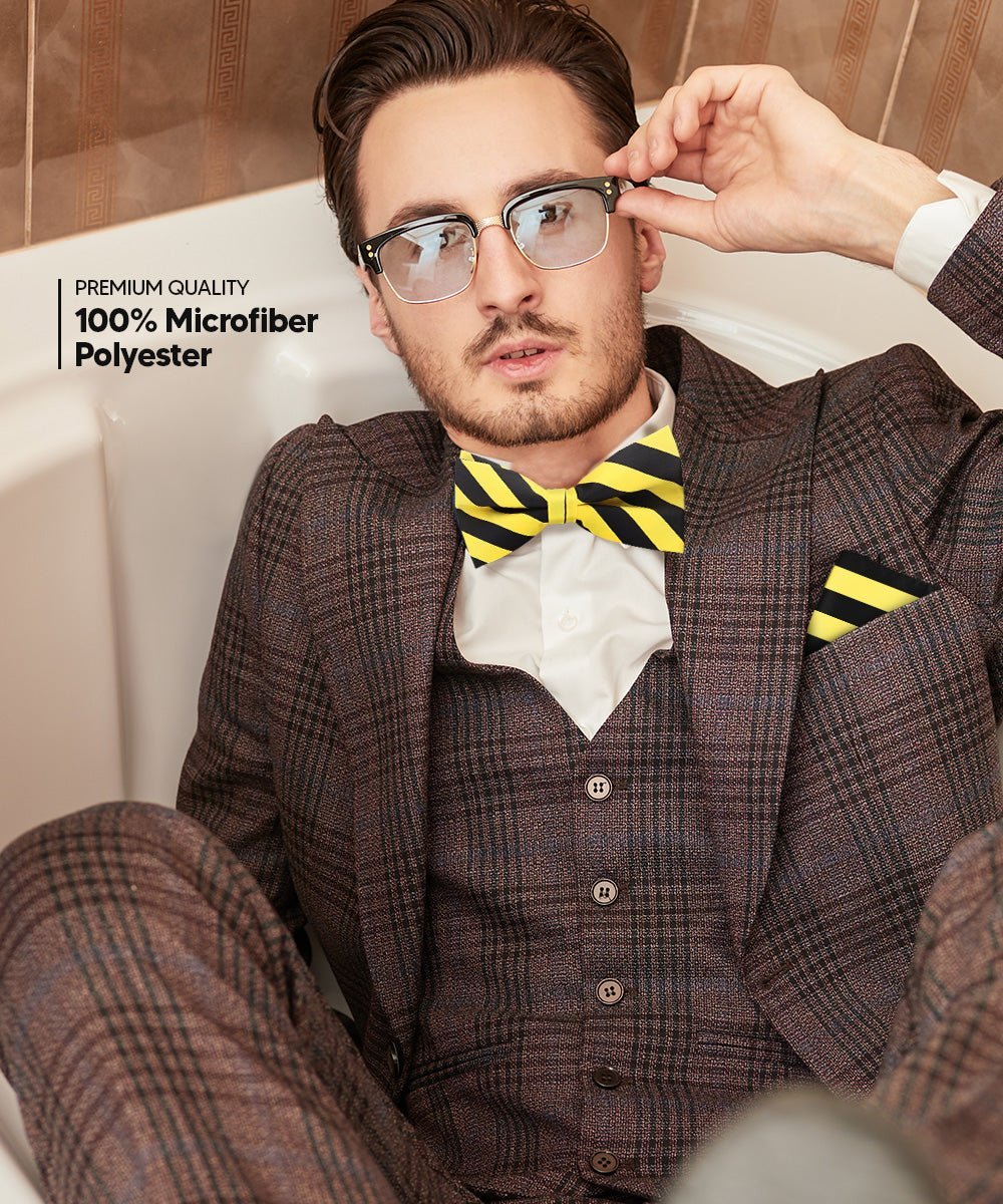 Vittorio Farina Men's Striped Satin Bow Tie & Pocket Square in Gift Box - Yellow and Black - Bow Tie & Pocket Square - Vittorio Farina