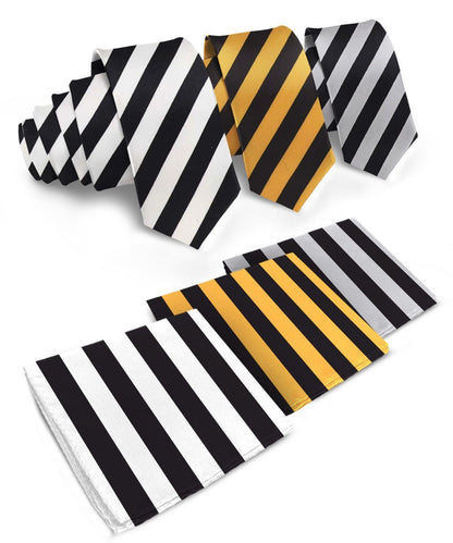 Vittorio Farina Men's Striped Satin Necktie & Pocket Square (Multipack) - Black and White/Black and Gold/Black and Gray - Necktie & Pocket Square - Vittorio Farina