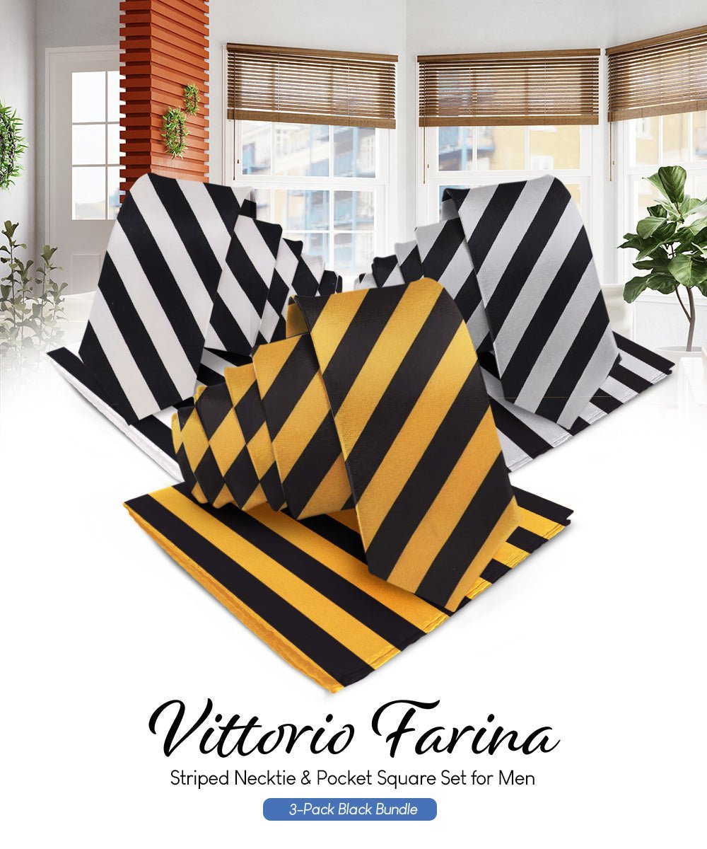 Vittorio Farina Men's Striped Satin Necktie & Pocket Square (Multipack) - Black and White/Black and Gold/Black and Gray - Necktie & Pocket Square - Vittorio Farina
