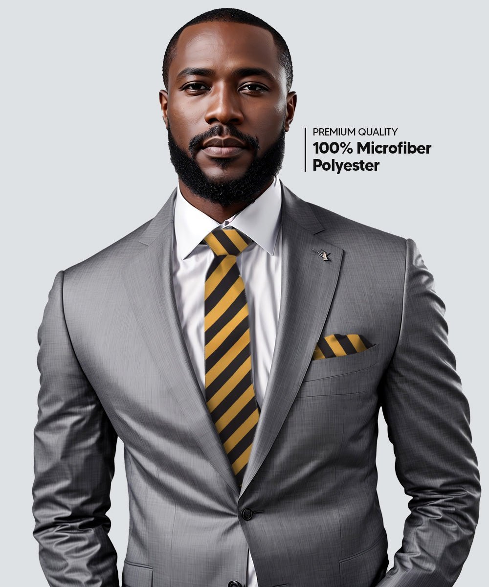 Vittorio Farina Men's Striped Satin Necktie & Pocket Square (Multipack) - Black and White/Black and Gold/Black and Gray - Necktie & Pocket Square - Vittorio Farina