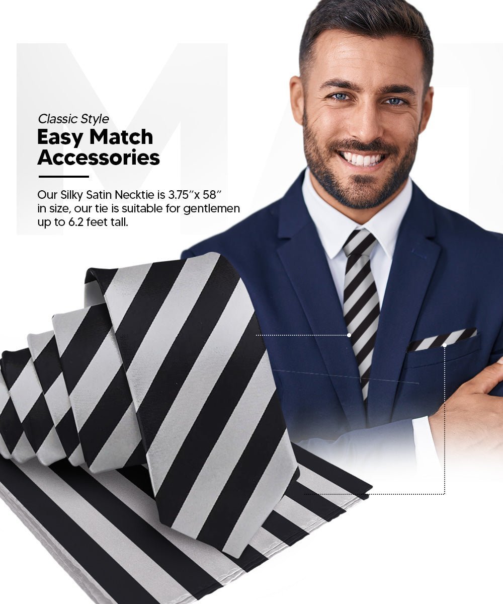 Vittorio Farina Men's Striped Satin Necktie & Pocket Square (Multipack) - Black and White/Black and Gold/Black and Gray - Necktie & Pocket Square - Vittorio Farina