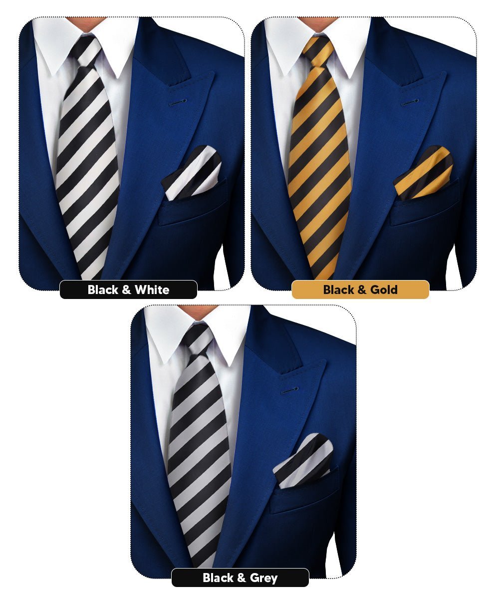 Vittorio Farina Men's Striped Satin Necktie & Pocket Square (Multipack) - Black and White/Black and Gold/Black and Gray - Necktie & Pocket Square - Vittorio Farina