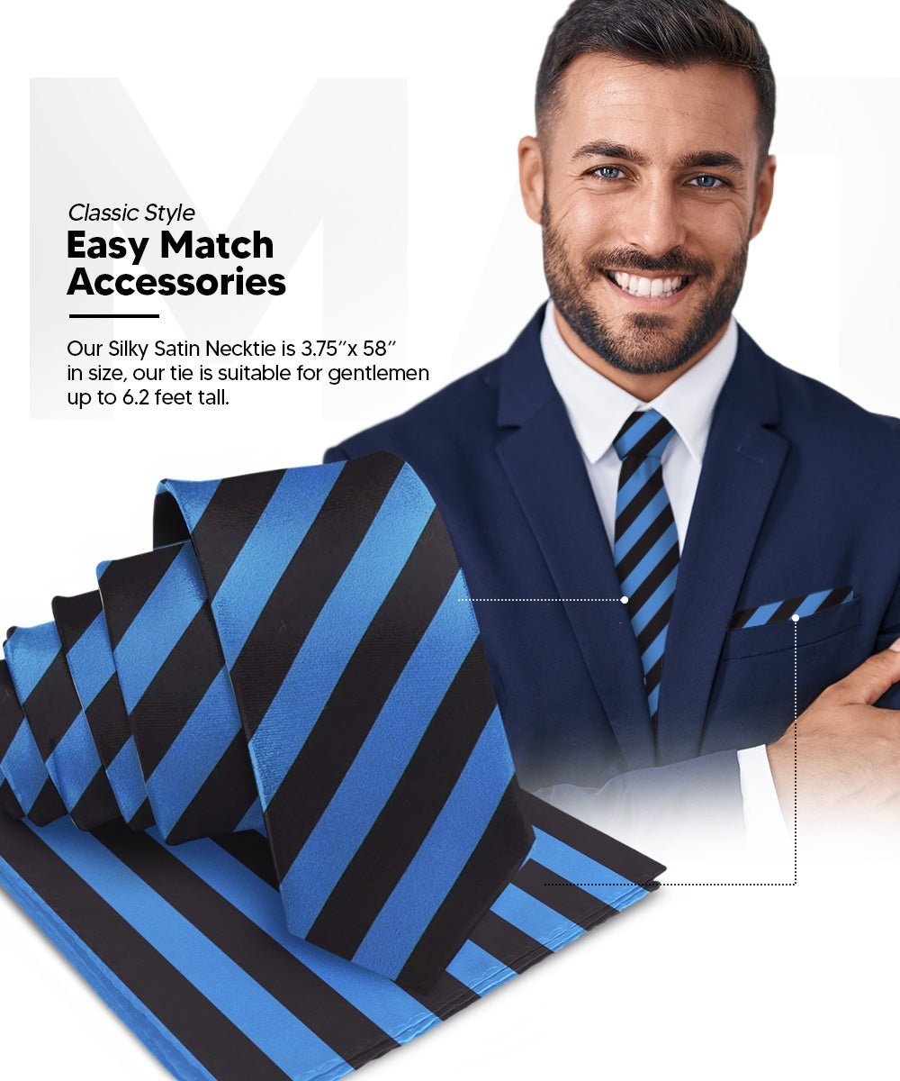 Vittorio Farina Men's Striped Satin Necktie & Pocket Square (Multipack) - Navy Blue and White/Royal Blue and Black/Navy Blue, Red and White - Necktie & Pocket Square - Vittorio Farina
