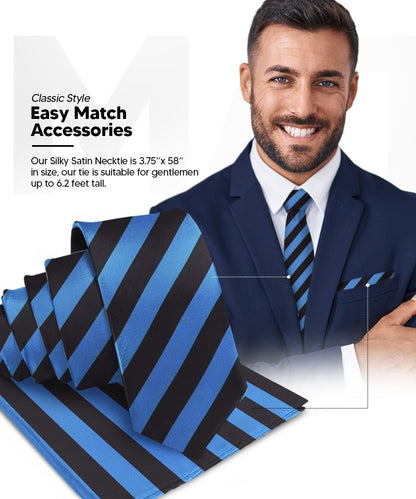 Vittorio Farina Men's Striped Satin Necktie & Pocket Square (Multipack) - Navy Blue and White/Royal Blue and Black/Navy Blue, Red and White - Necktie & Pocket Square - Vittorio Farina