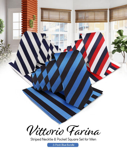 Vittorio Farina Men's Striped Satin Necktie & Pocket Square (Multipack) - Navy Blue and White/Royal Blue and Black/Navy Blue, Red and White - Necktie & Pocket Square - Vittorio Farina