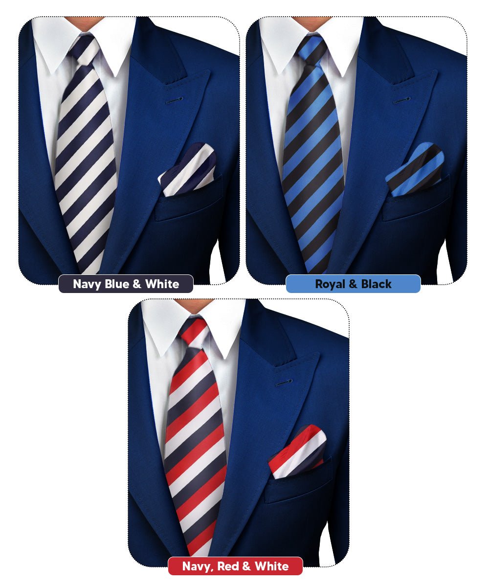 Vittorio Farina Men's Striped Satin Necktie & Pocket Square (Multipack) - Navy Blue and White/Royal Blue and Black/Navy Blue, Red and White - Necktie & Pocket Square - Vittorio Farina
