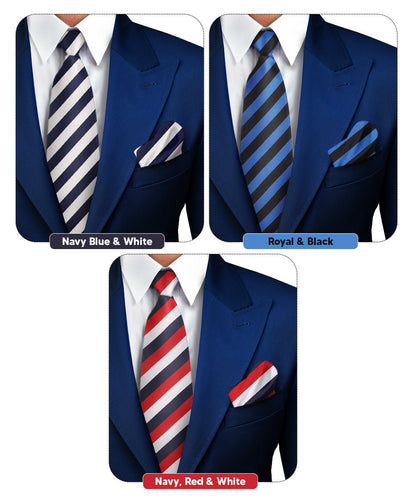 Vittorio Farina Men's Striped Satin Necktie & Pocket Square (Multipack) - Navy Blue and White/Royal Blue and Black/Navy Blue, Red and White - Necktie & Pocket Square - Vittorio Farina