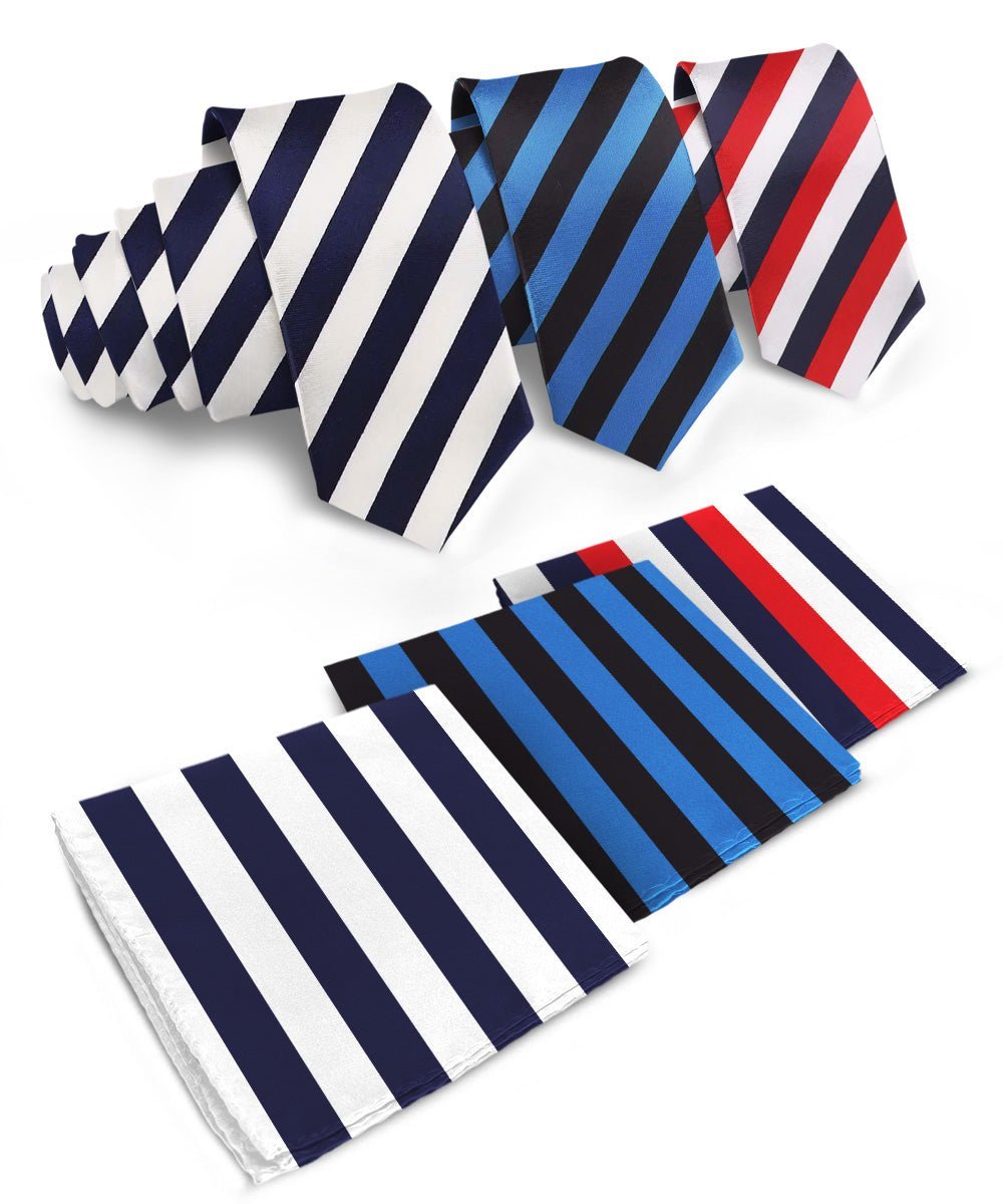 Vittorio Farina Men's Striped Satin Necktie & Pocket Square (Multipack) - Navy Blue and White/Royal Blue and Black/Navy Blue, Red and White - Necktie & Pocket Square - Vittorio Farina